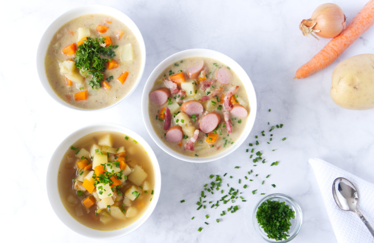 3 German Potato Soups - Vegeterian. Vegan and Meat Variation