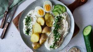 German Quark Dip with Boiled Potatoes and Eggs from Above