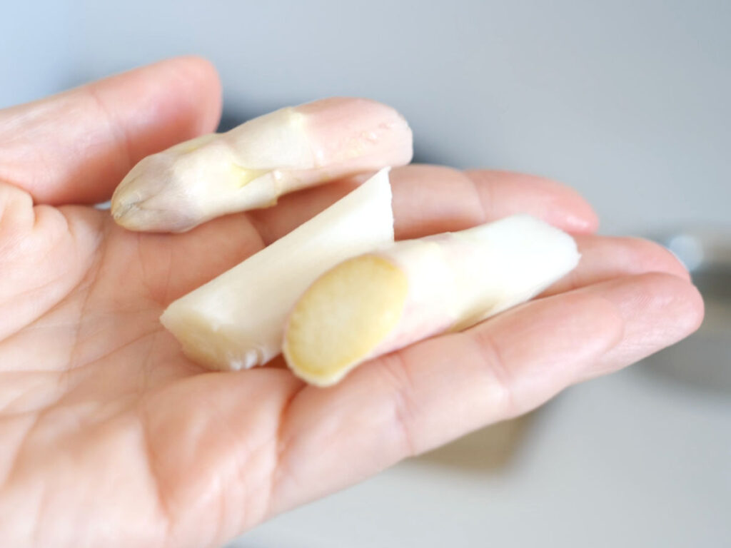 white asparagus pieces Pan-Fried White Asparagus - How to Cook White Asparagus in a Pan White asparagus pieces in hand